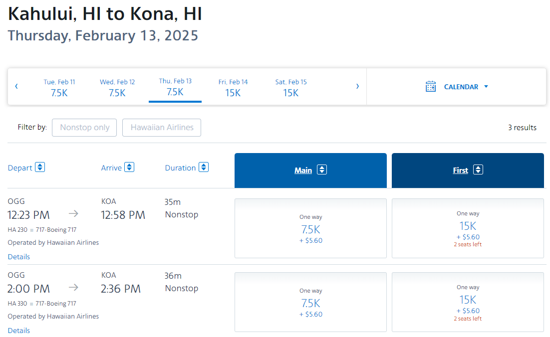 Cost of a one-way American Airlines flight from Kahului, Hawaii to Kona 