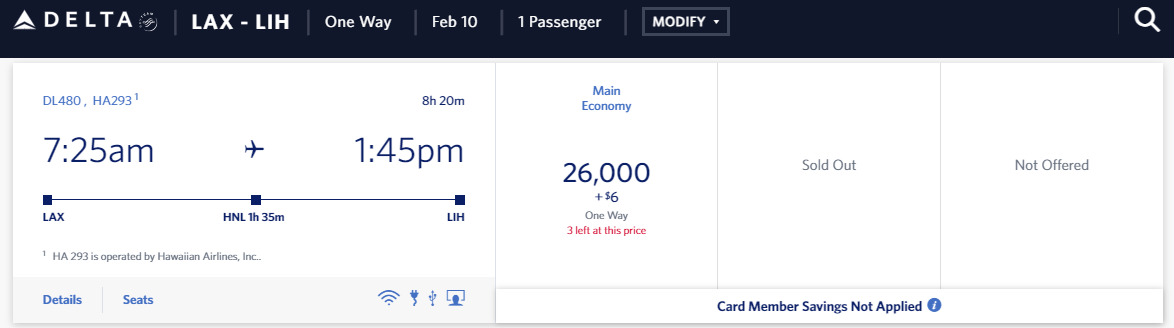 A Delta award itinerary that includes a Hawaiian Airlines flight