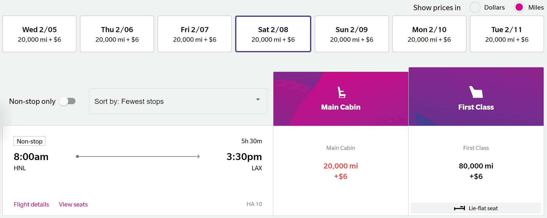 Cost in points of a Hawaiian Airlines flight from Honolulu to Los Angeles