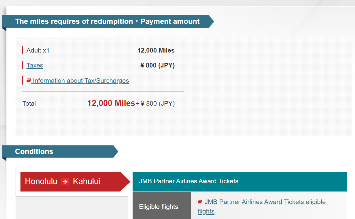 Redeeming JAL miles for Hawaiian flights