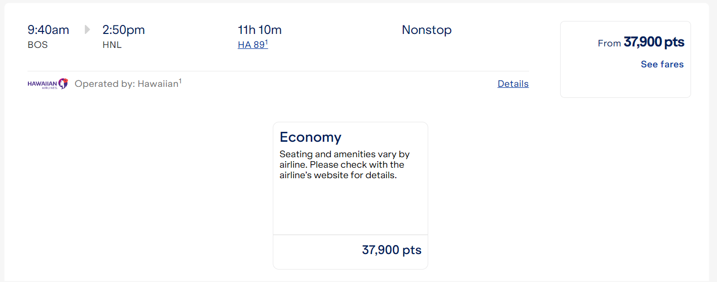 Cost in points of a Hawaiian Airlines flight from Boston to Honolulu