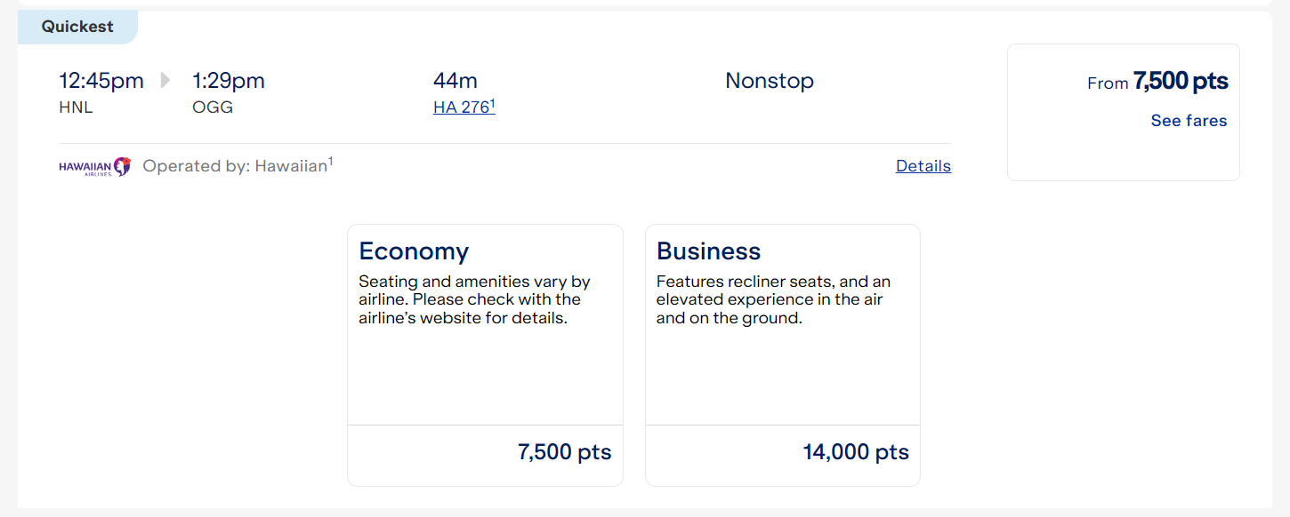 Cost in points of a Hawaiian Airlines flight from Honolulu to Maui