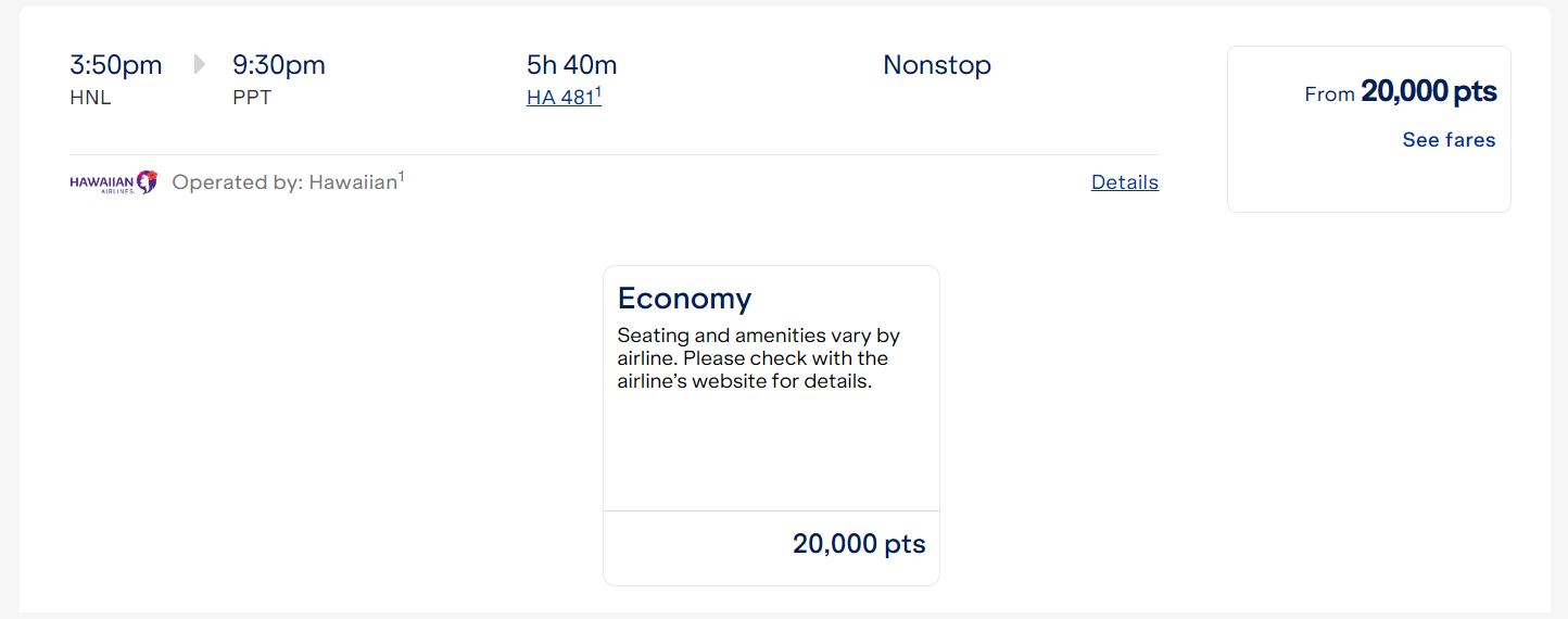 Cost in points of a Hawaiian Airlines flight from Honolulu to Tahiti