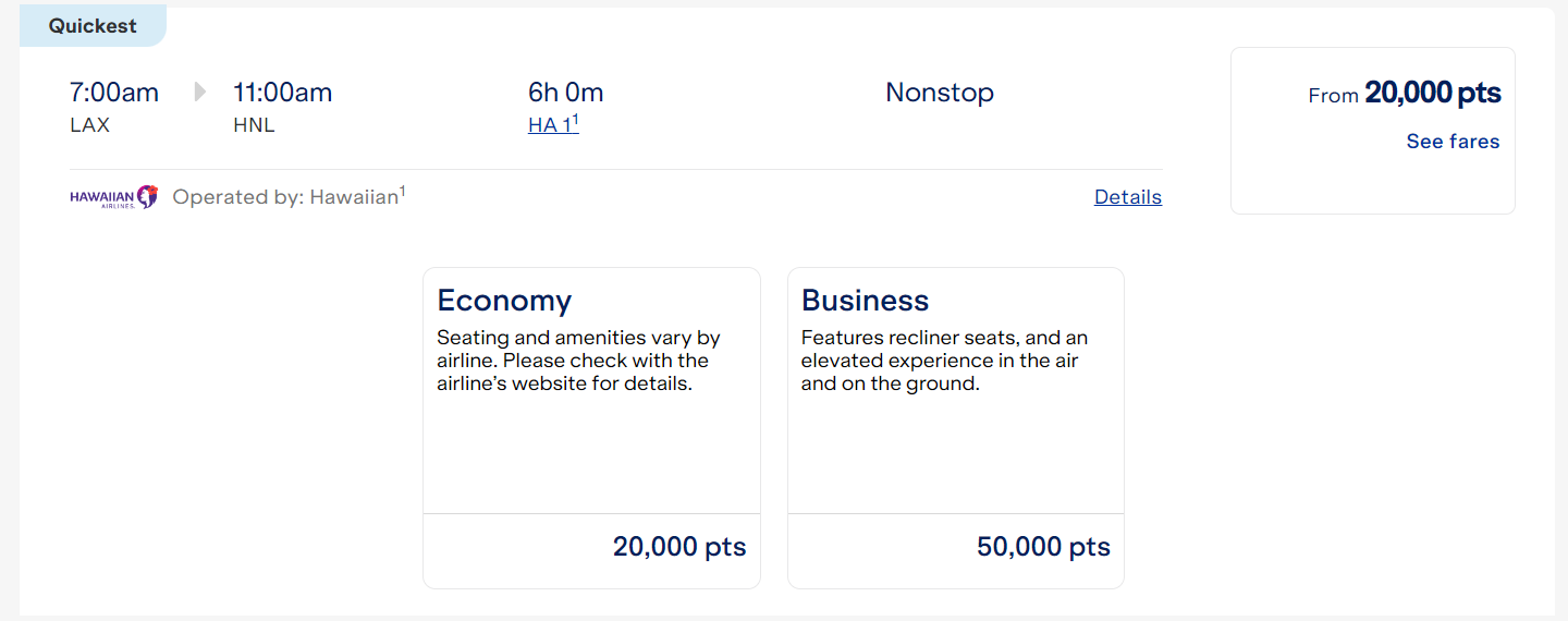 Cost in points of a Hawaiian Airlines flight from Honolulu to Los Angeles