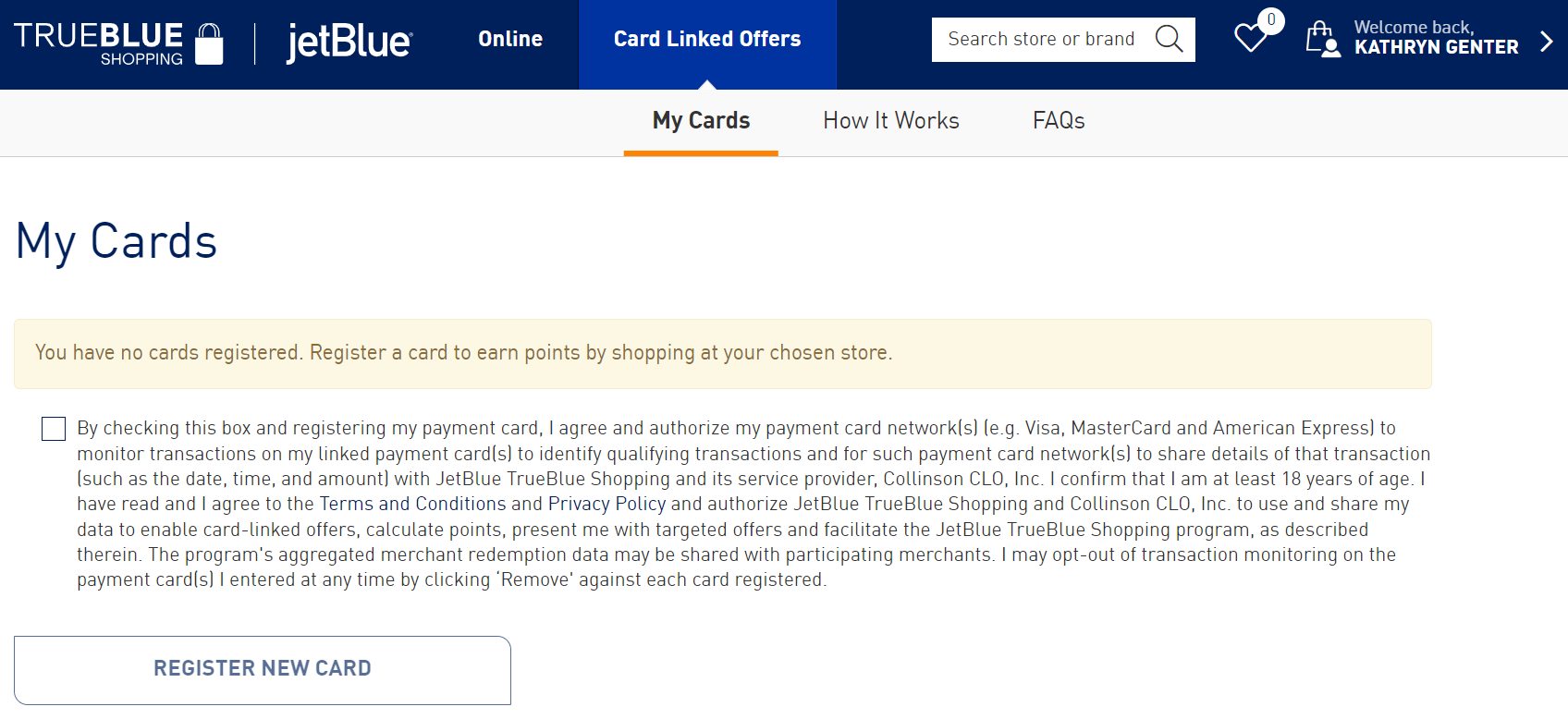 JetBlue TrueBlue Shopping card-linked offers