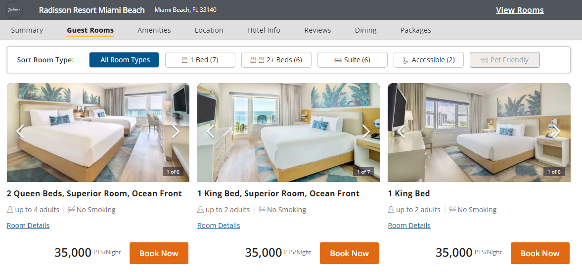 Miami Beach room types you can book with Choice points