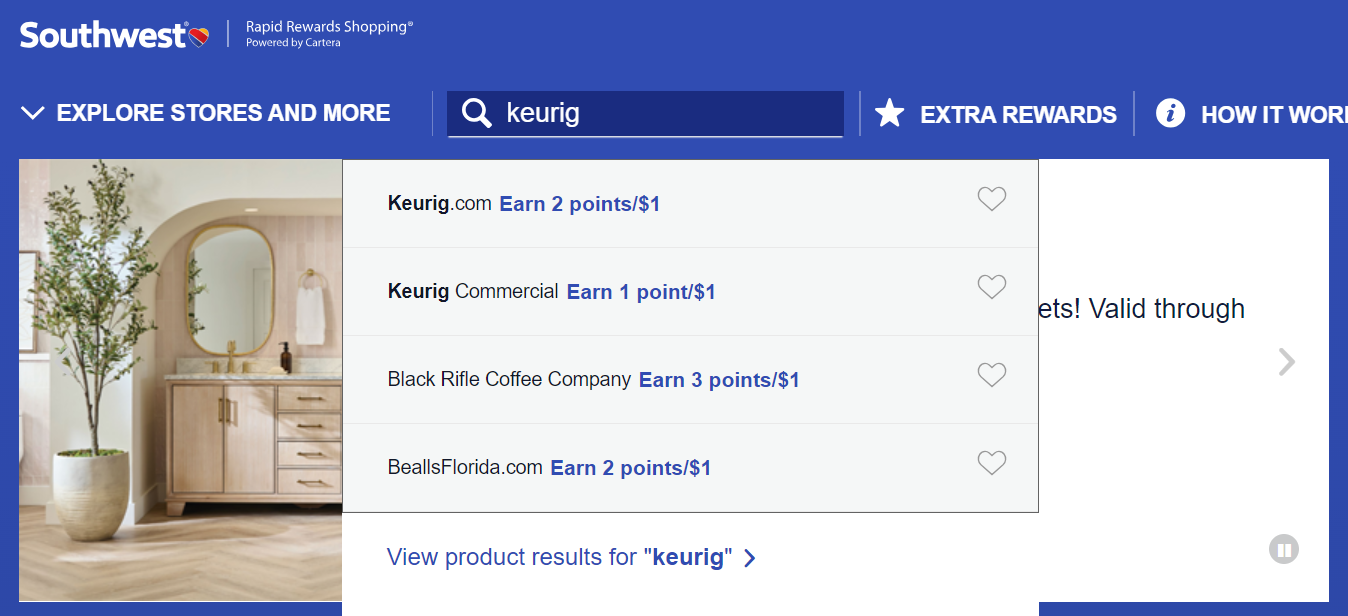 Southwest shopping portal — search for Keurig