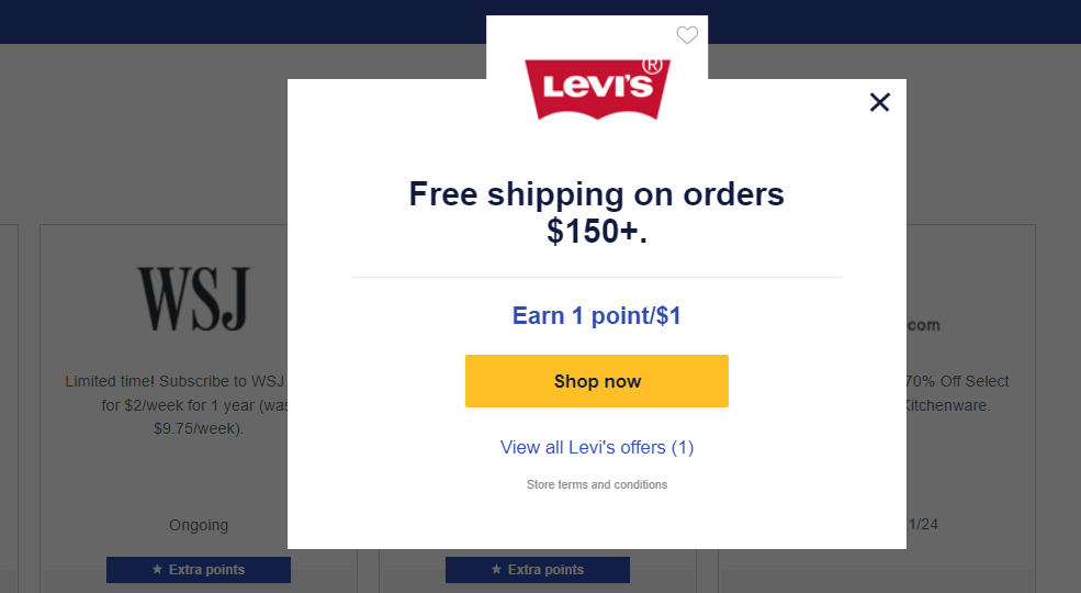 Southwest Shopping portal — Levi's earning notification