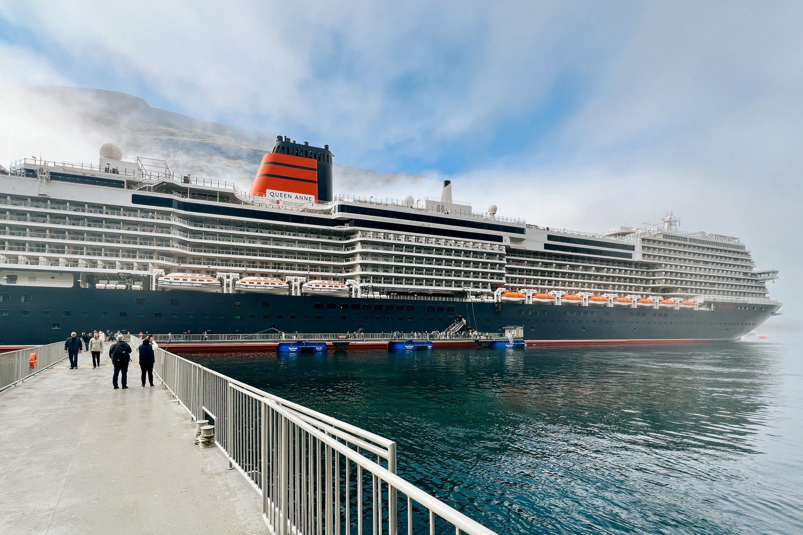 Cunard's Queen Anne docked at Geiranger Fjord, Norway