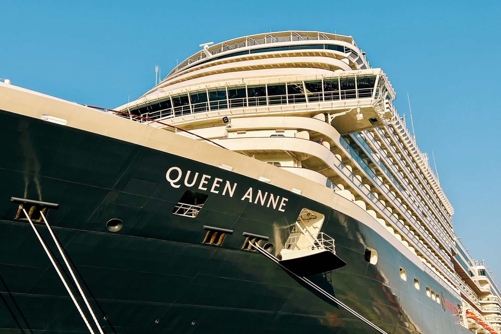 A close-up of the hull of Cunard ship Queen Anne