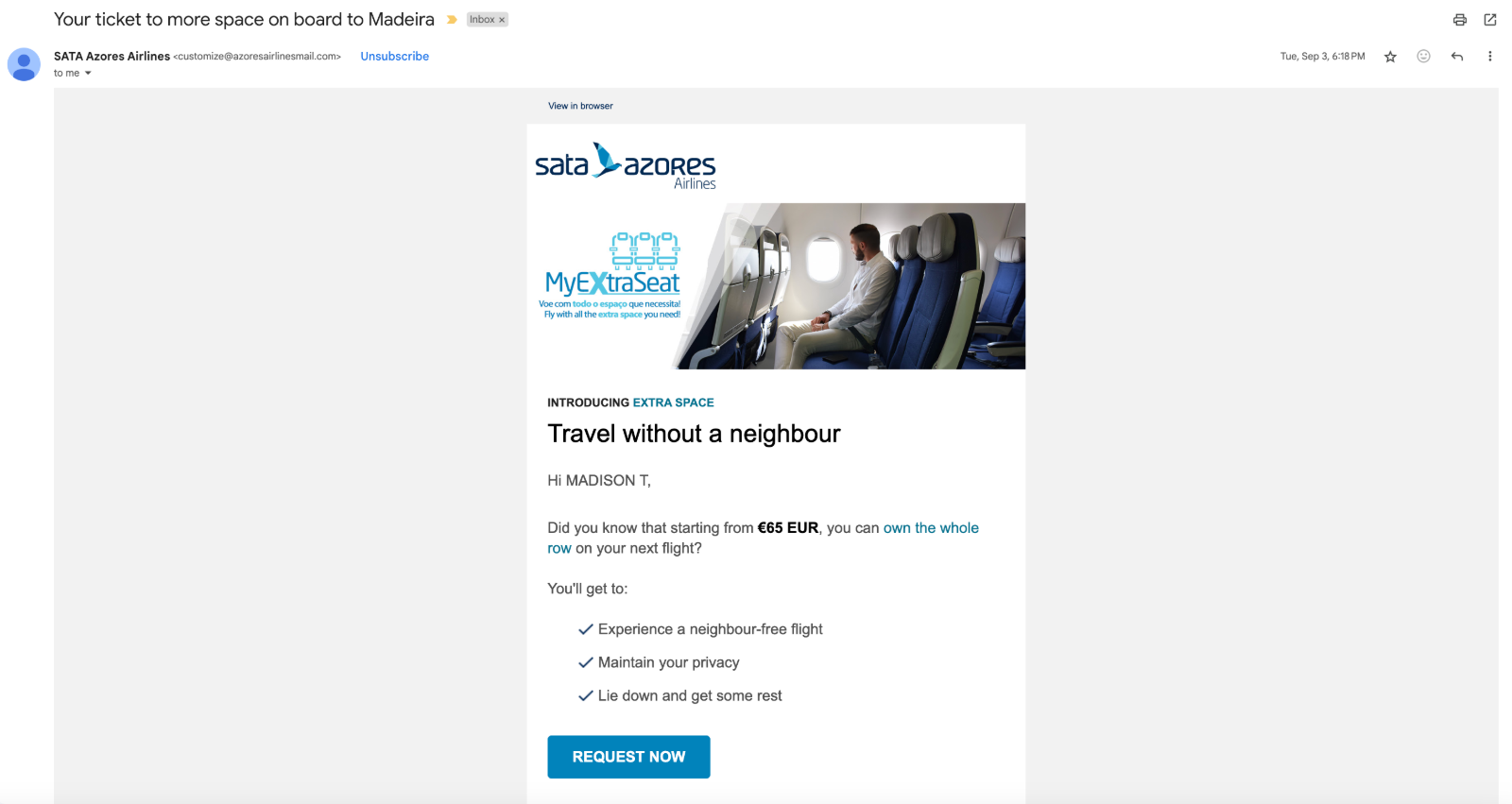 Azores Airlines email of MyExtraSeat upgrade offer