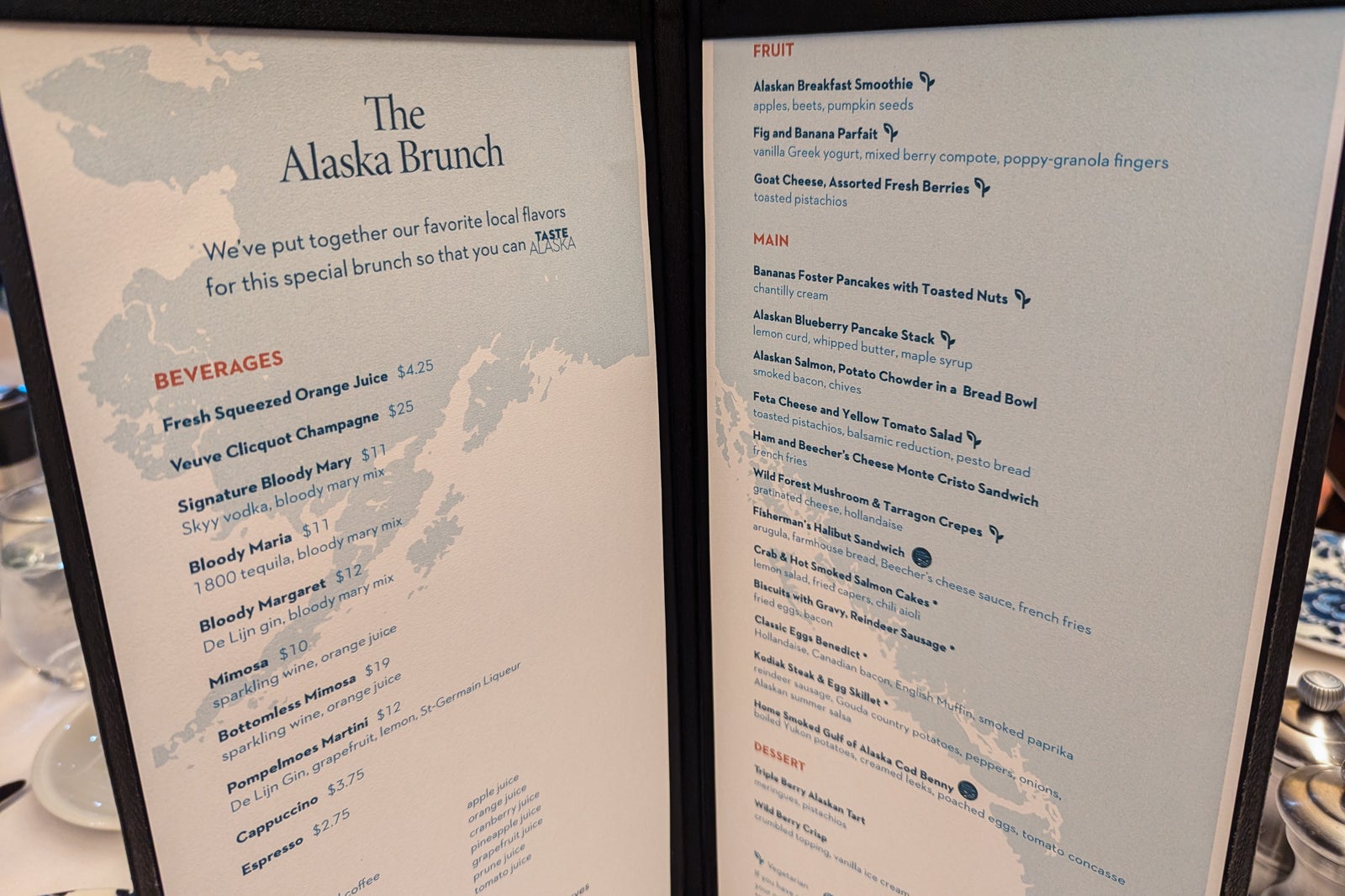 Two-sided menu for an Alaska-themed brunch