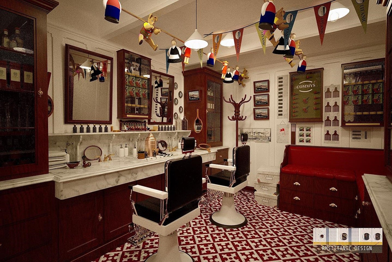 A barber shop with chairs and a counter