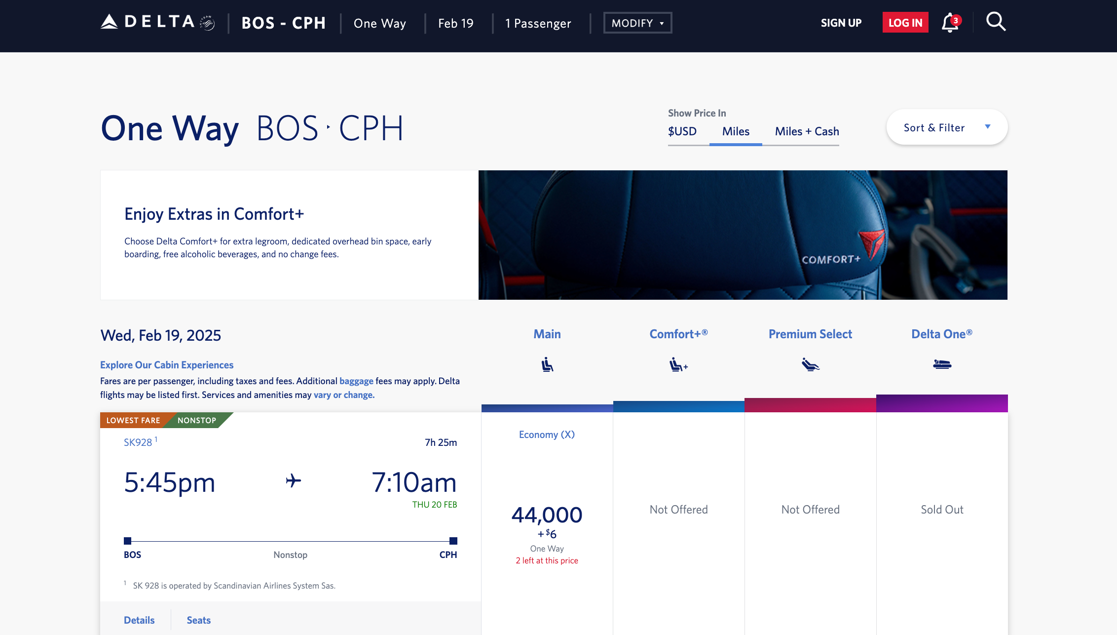 Boston to Copenhagen for 44,000 Delta SkyMiles. DELTA