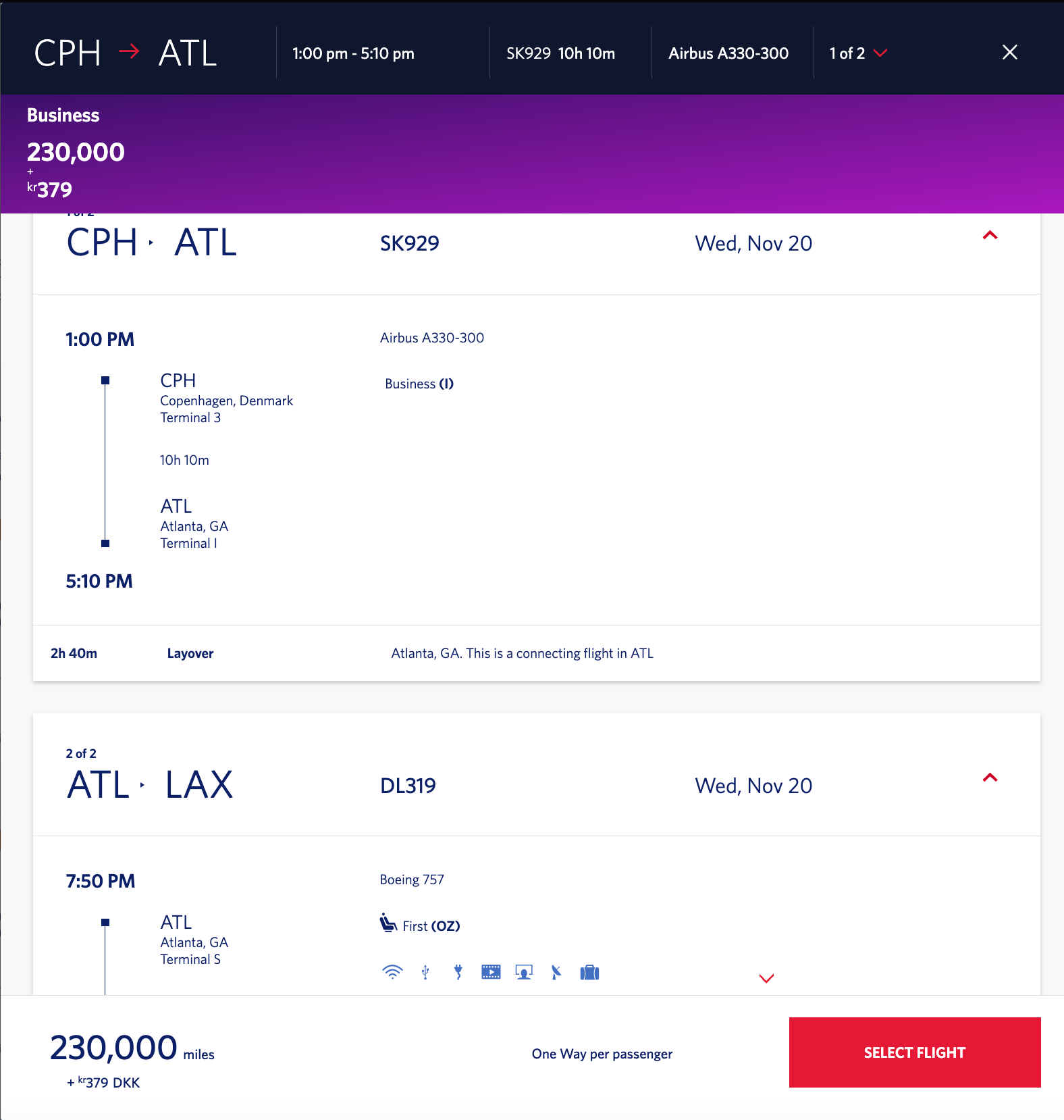 CPH-ATL-LAX Business 230K SkyMiles.