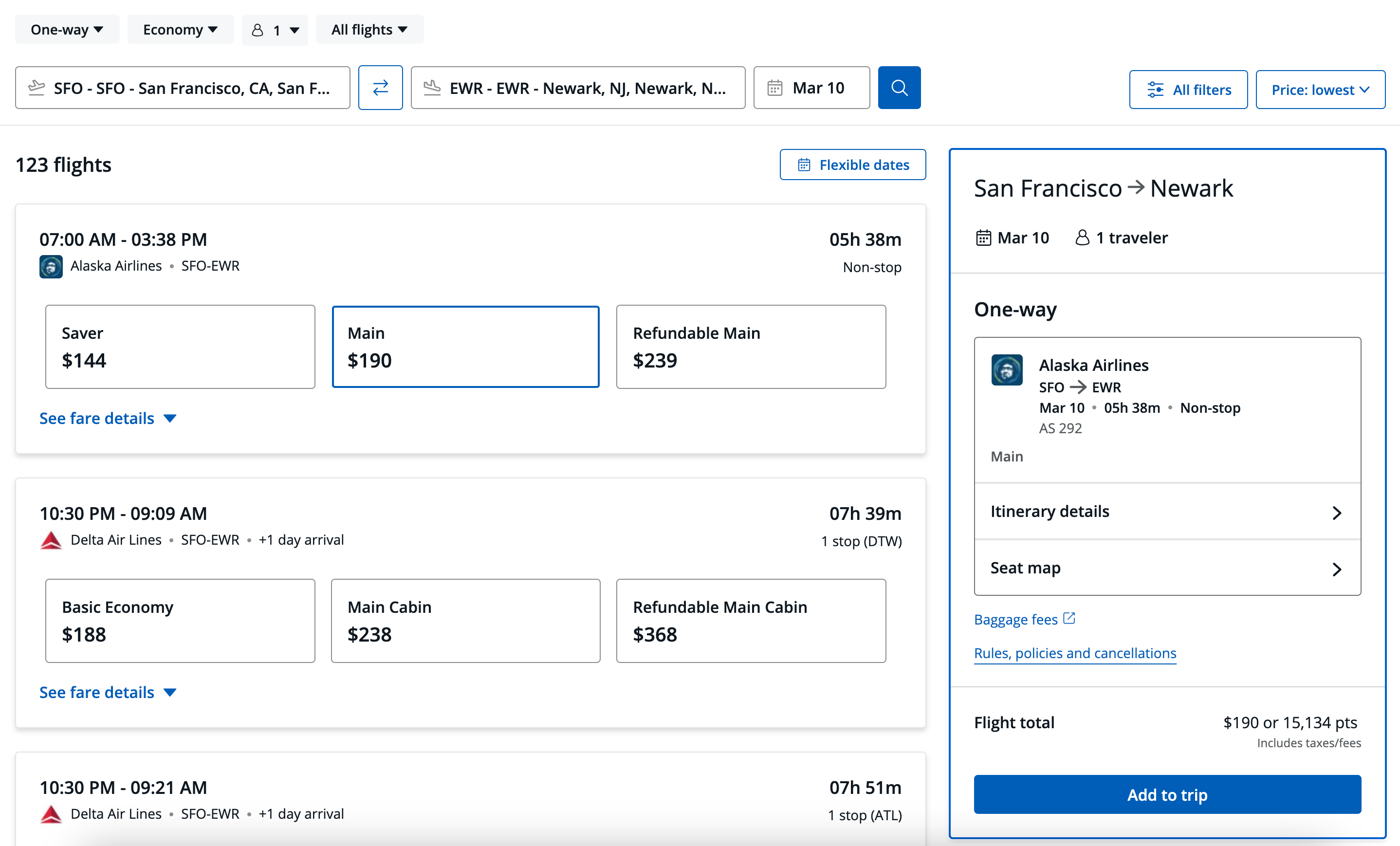 Chase Travel flight search results