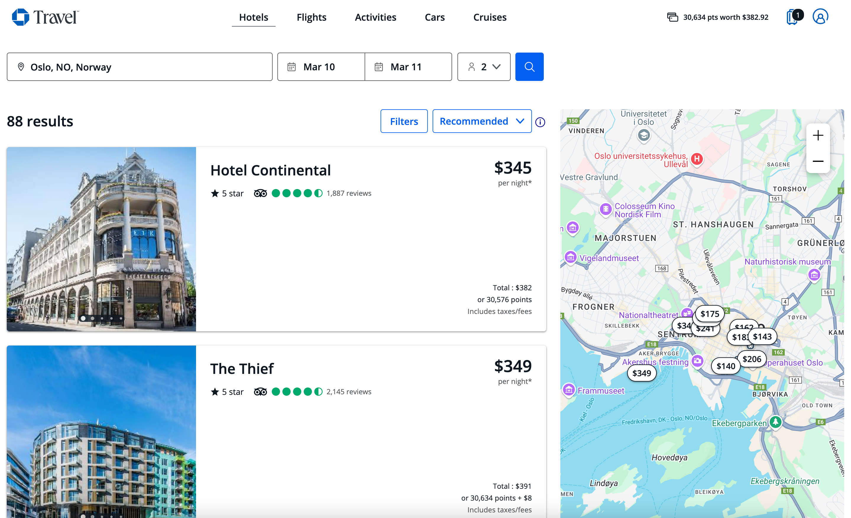 Chase Travel hotel search results and map