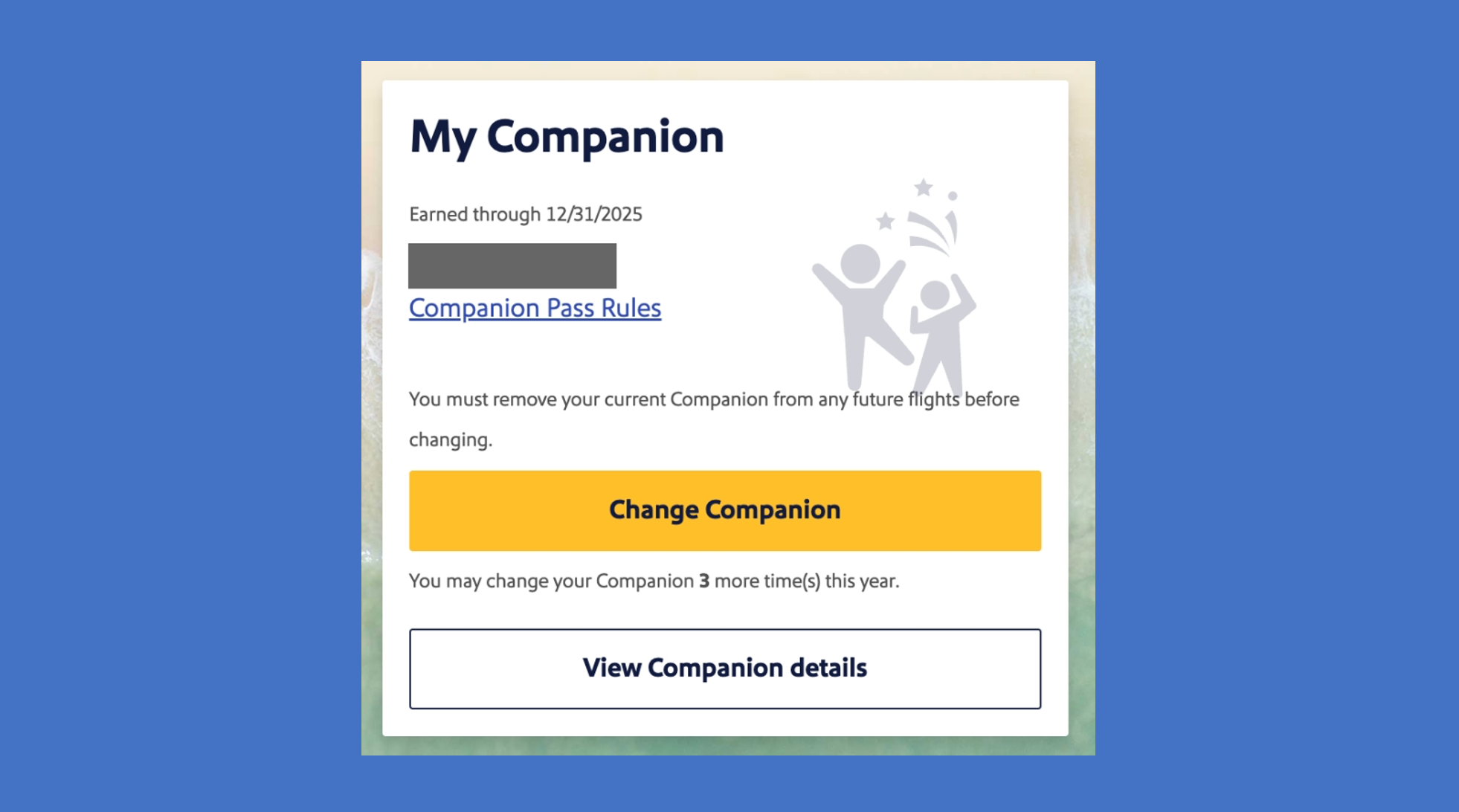 Screenshot of the change my companion screen on Southwest's website