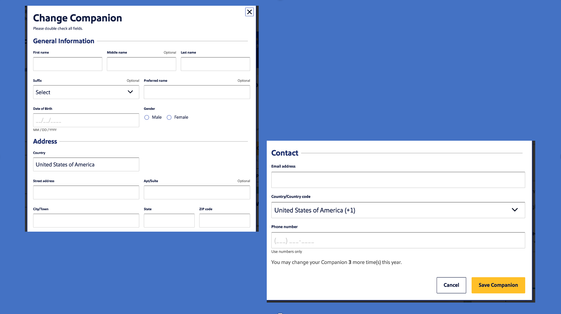 Screenshot of the form to change Southwest Companion Pass companion