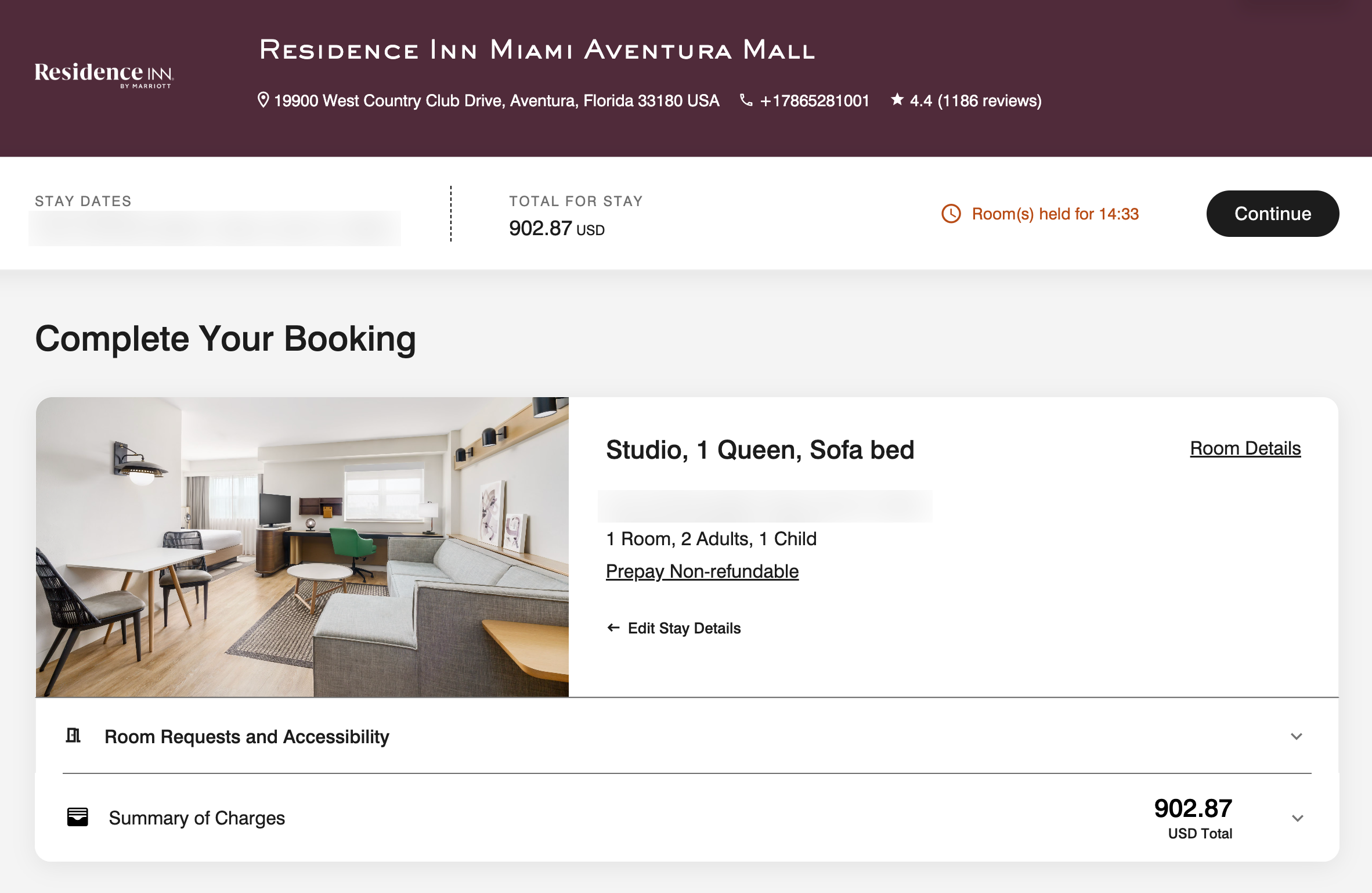 A screenshot of the prices at the Residence Inn Aventura for the night of a Taylor Swift concert