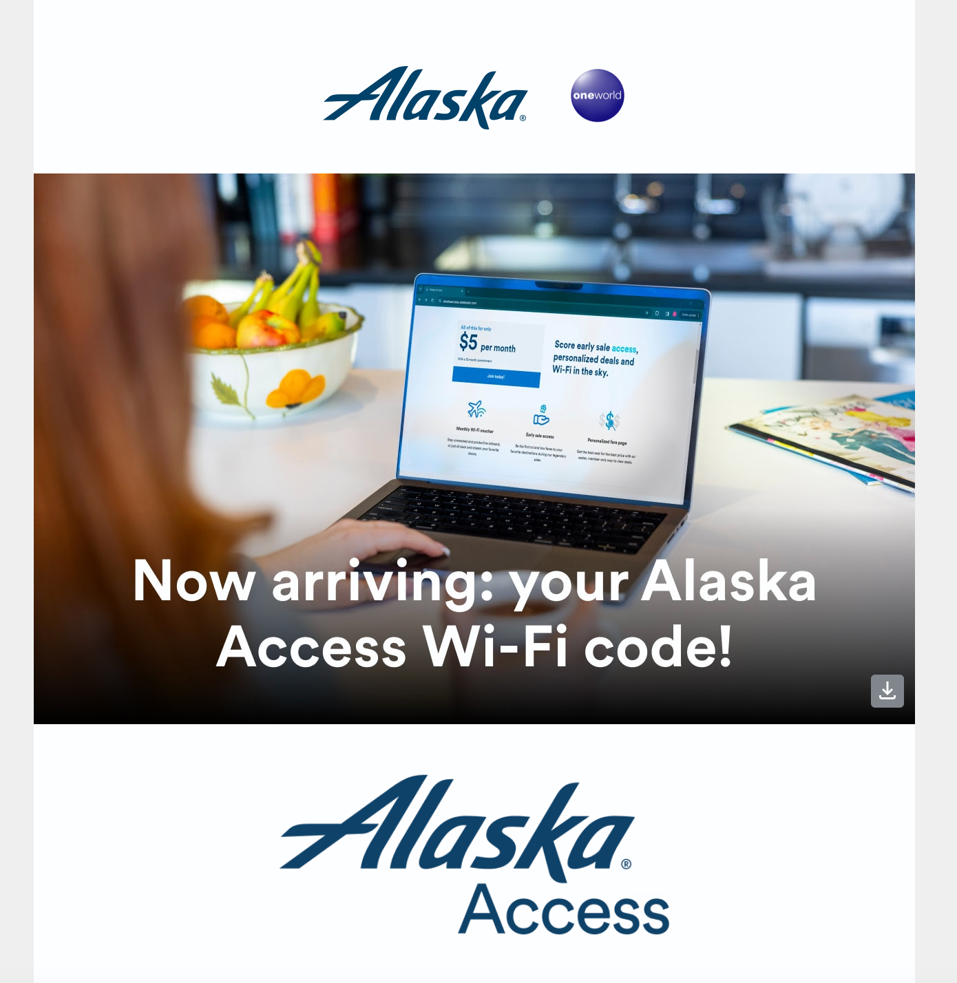 Alaska All Access free WiFi email.