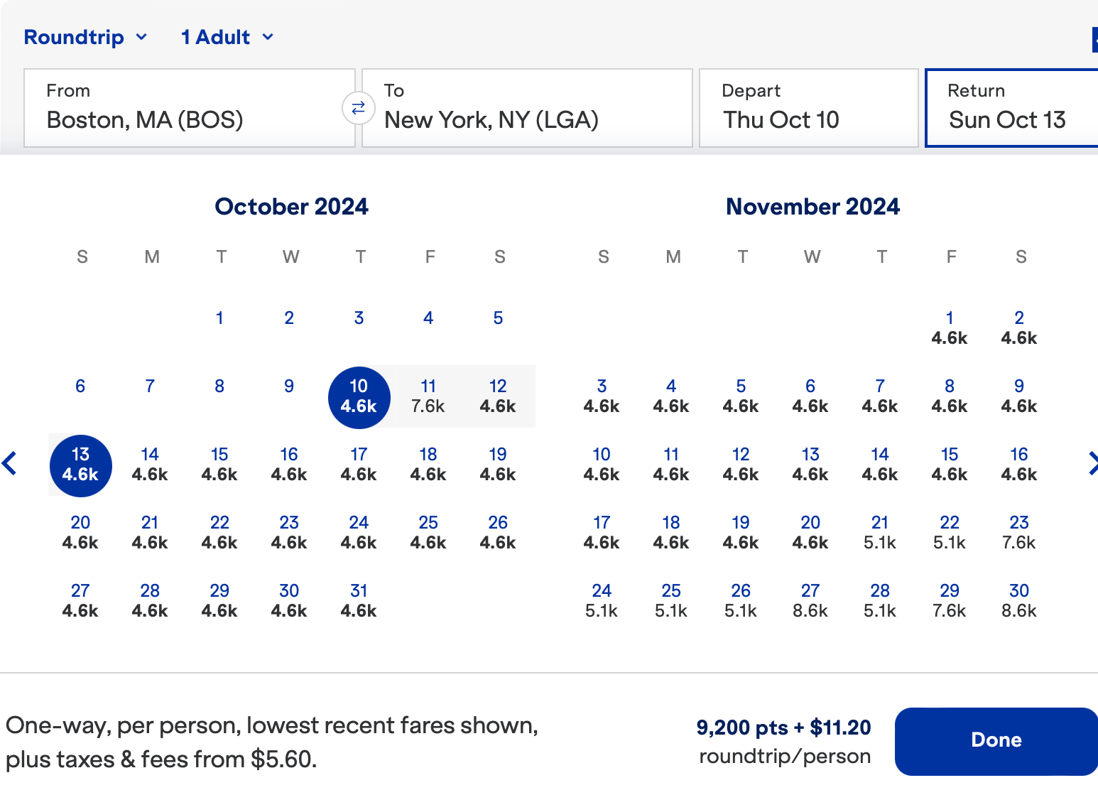 JetBlue booking calendar — Boston to New York City points