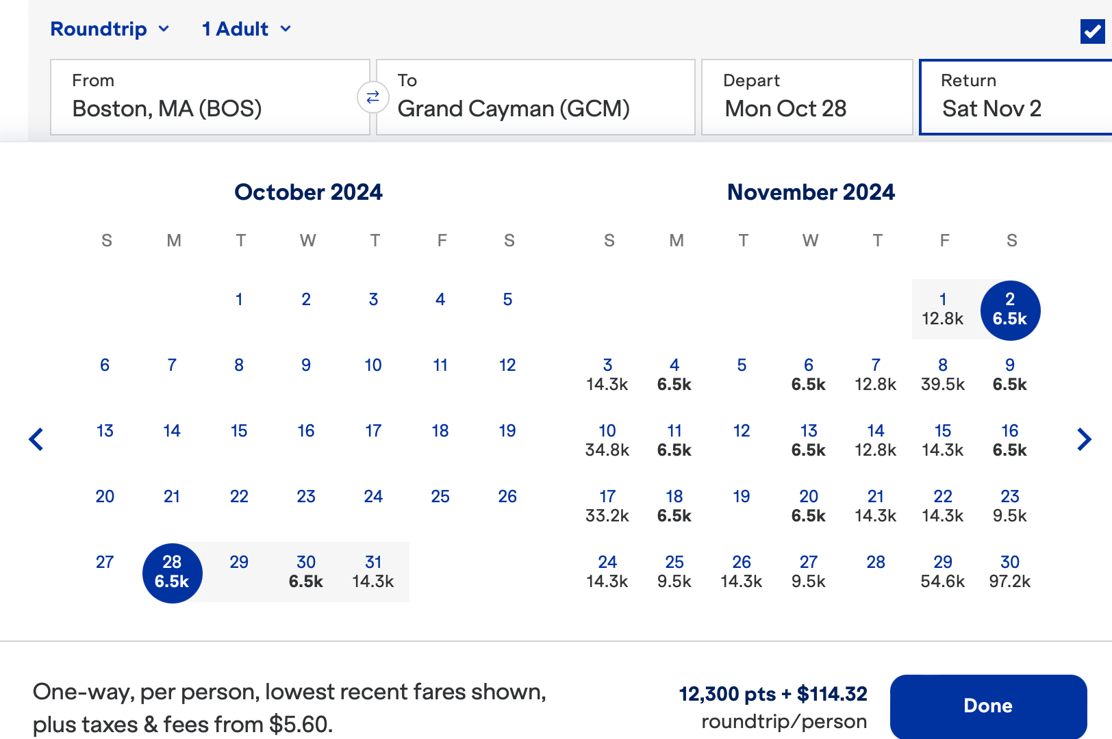 JetBlue booking calendar — Boston to Grand Cayman points