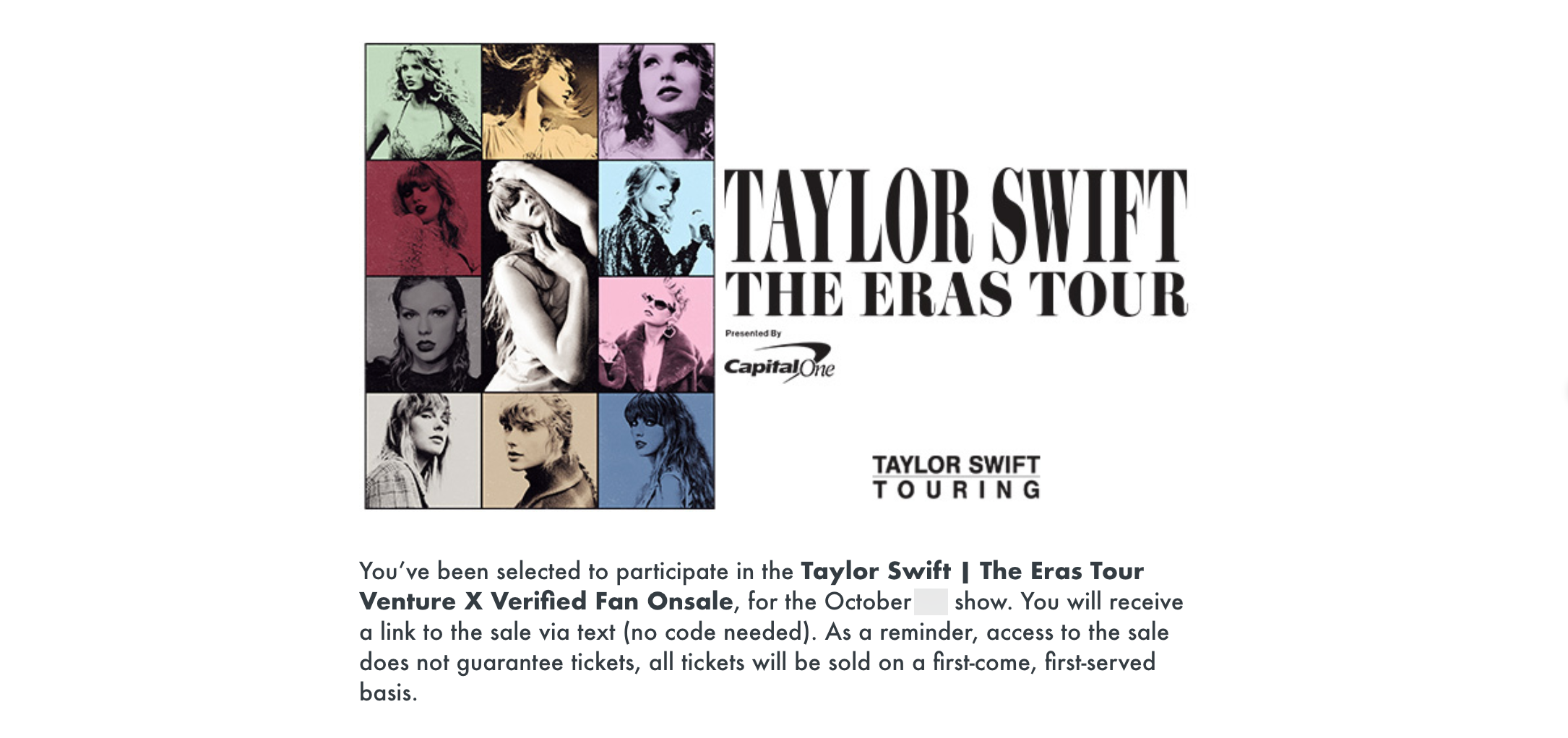 An email confirmation from being selected to participate in the Capital One presale for Taylor Swift's Eras Tour