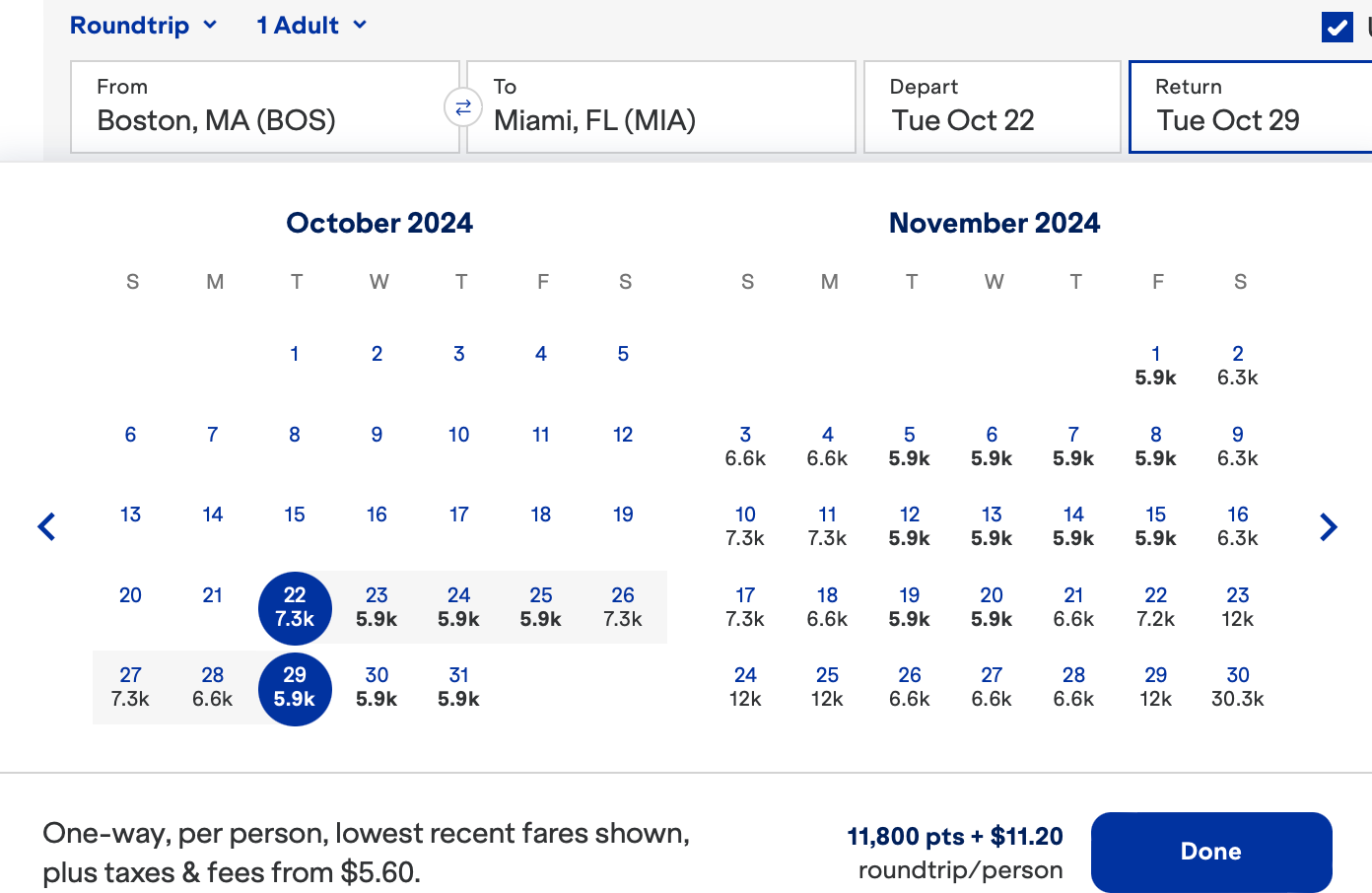 JetBlue booking calendar — Boston to Miami points