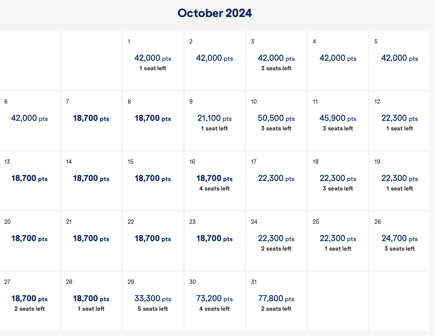 JetBlue booking calendar October 2024