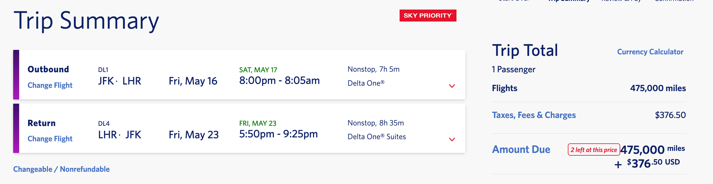 Cost of trip in miles from JFK to LHR on Delta