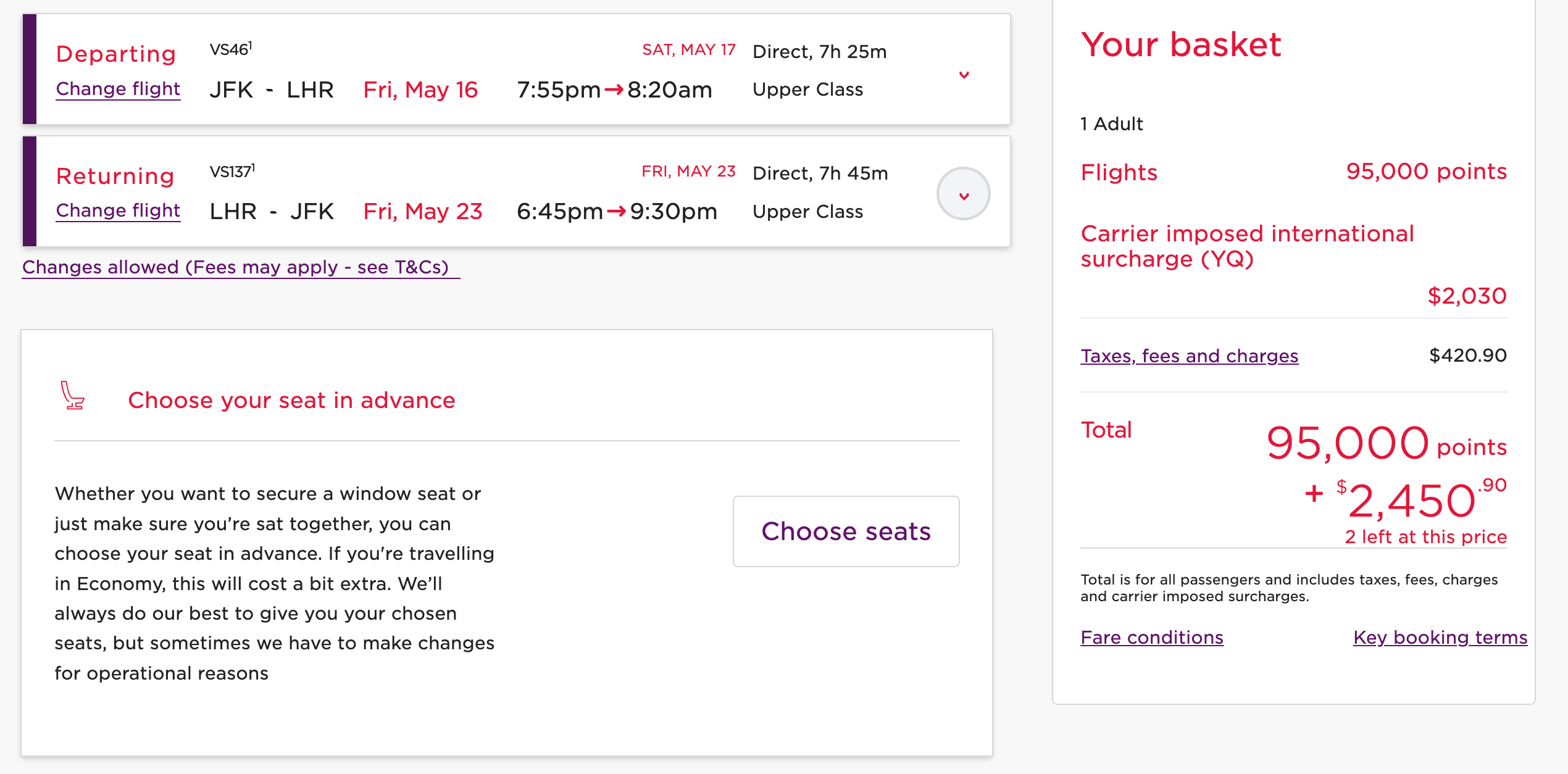 Cost of flight from JFK to LHR on Virgin Atlantic with points