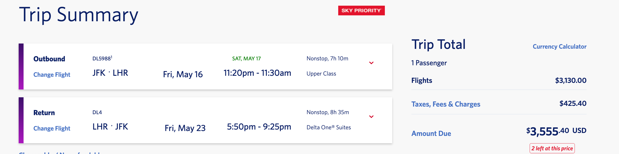 Cost of flight of flight in cash from JFK to LHR on Delta