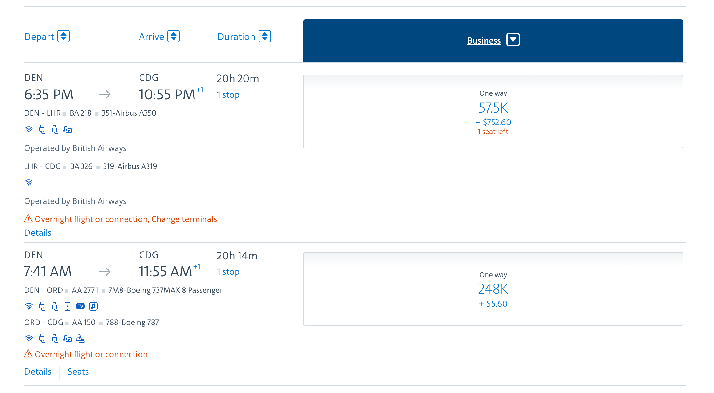 Cost in miles of flight from Denver to London on American Airlines