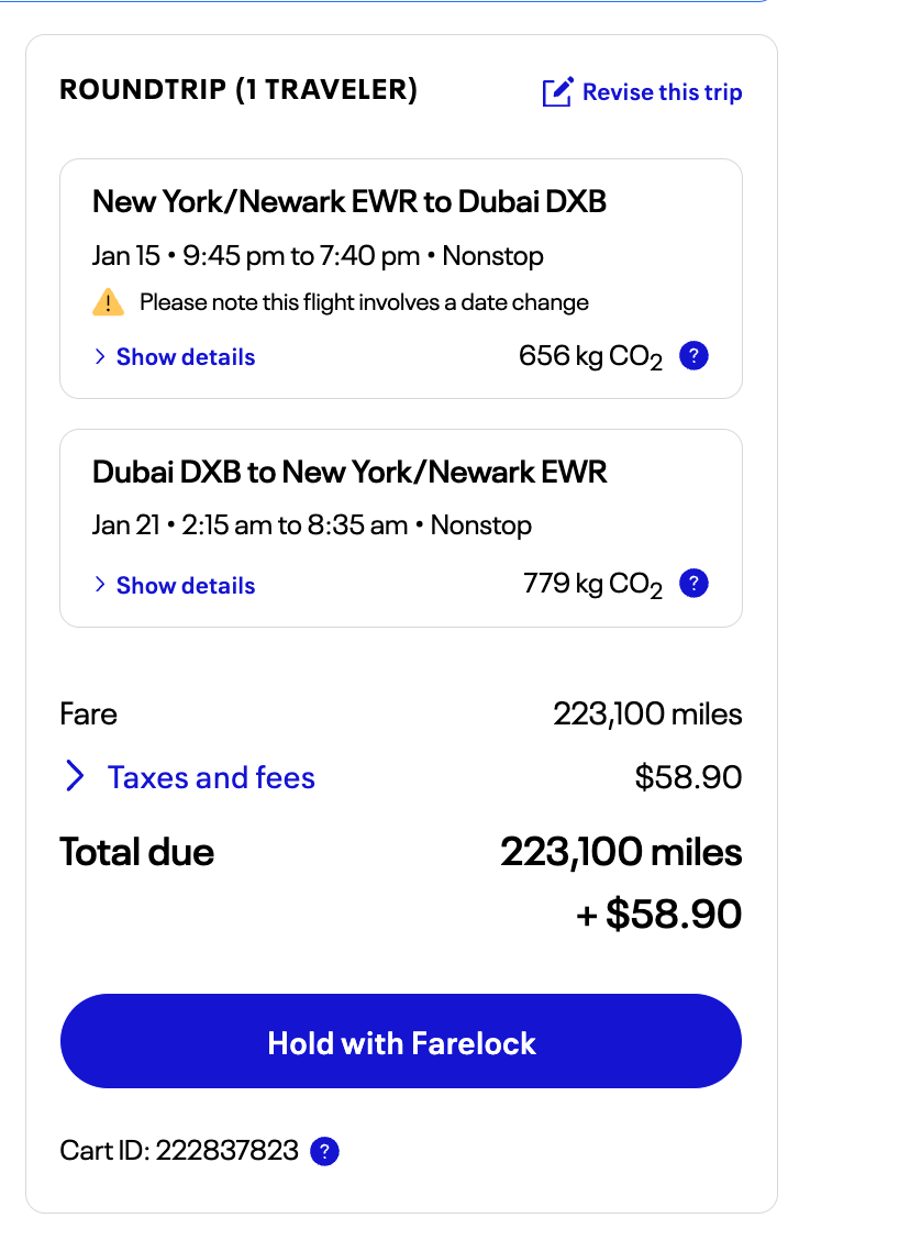 Cost flight in miles from New York City to Dubai on United Airlines