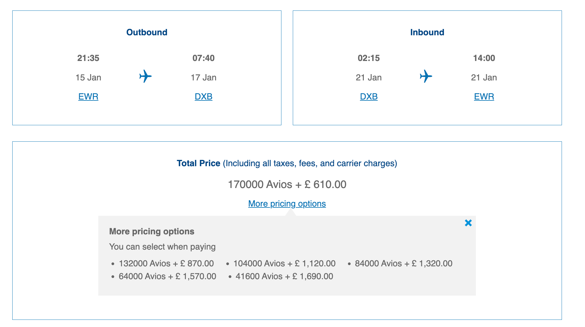 Cost in miles of a flight from Newark to Dubai on British Airways 