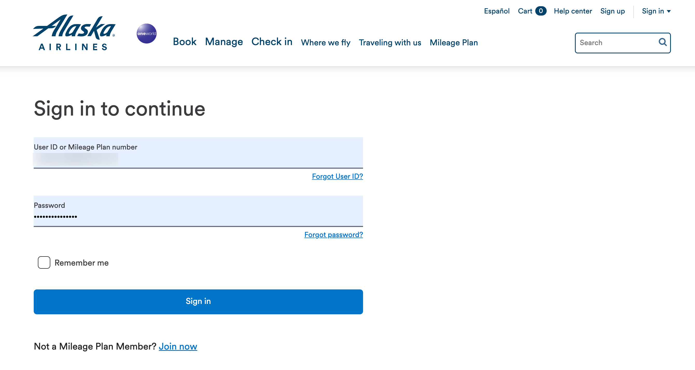 Signing into Alaska Mileage Plan