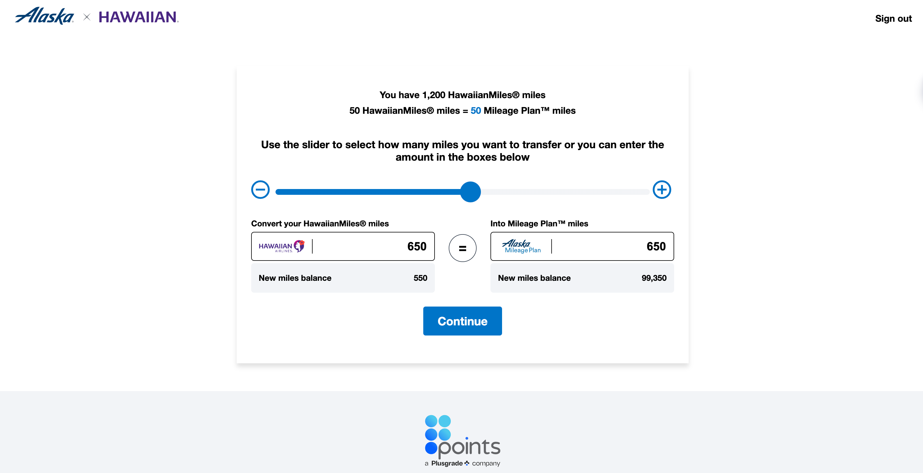 Selecting the number of miles to transfer from Hawaiian to Alaska