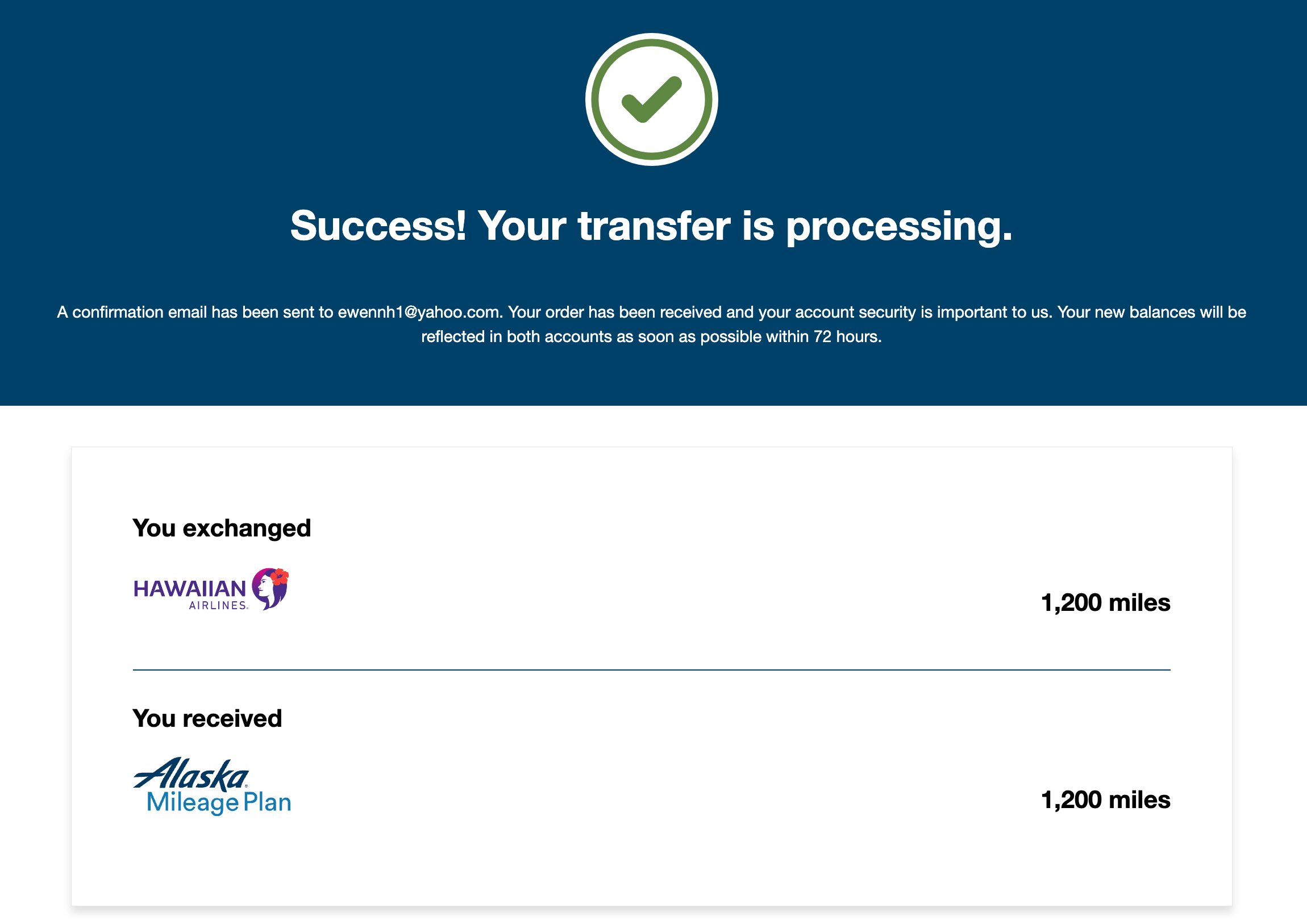 Hawaiian to Alaska transfer confirmation