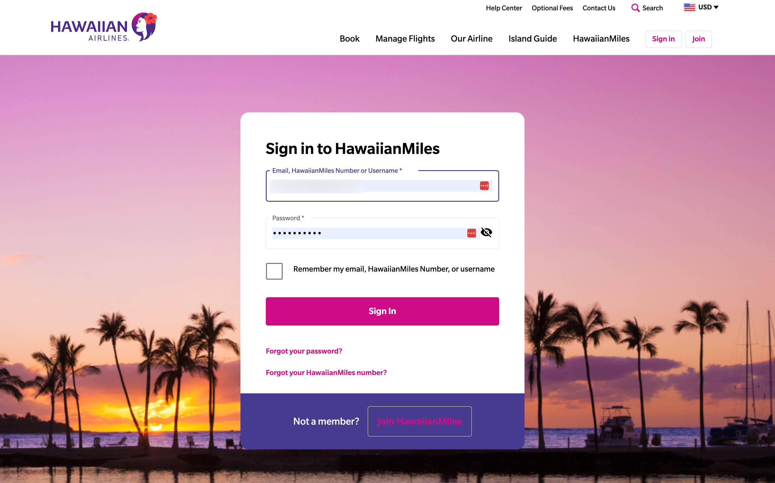 Signing into Hawaiian Miles