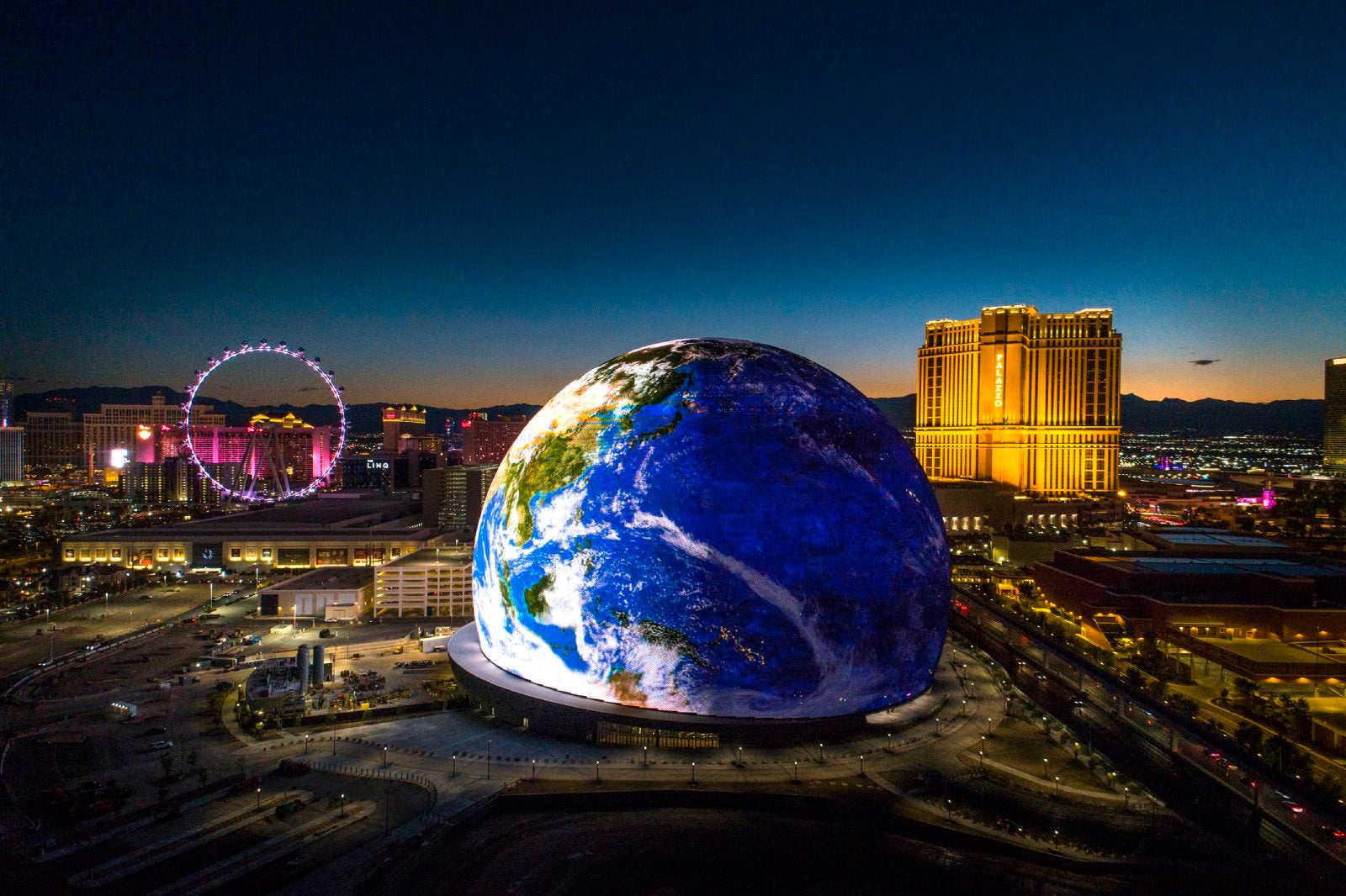 The Sphere in Las Vegas with an image of the globe on it.