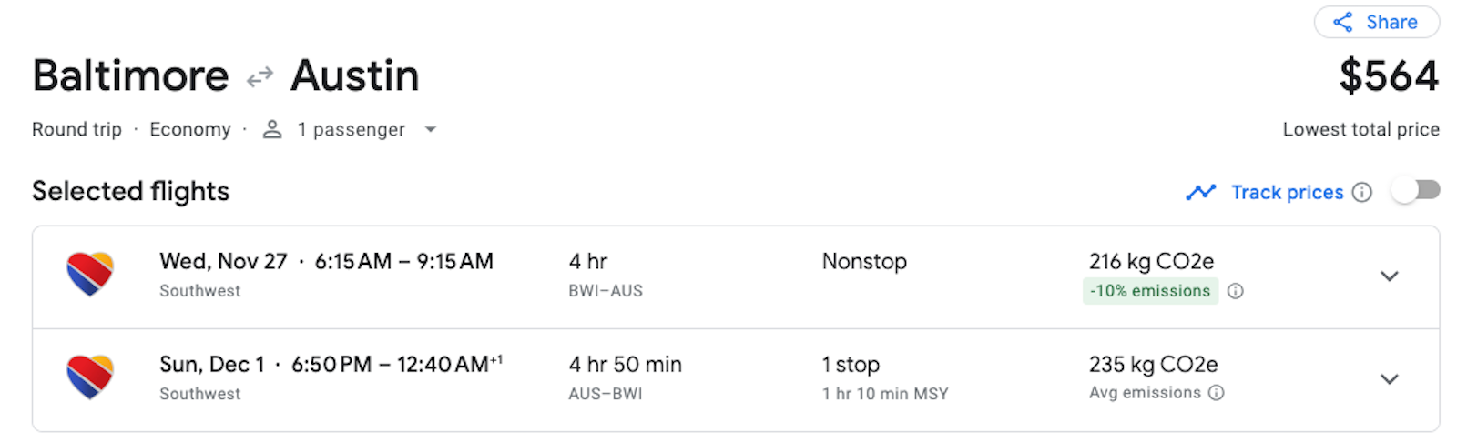 Cost of Southwest flight from Baltimore to Austin