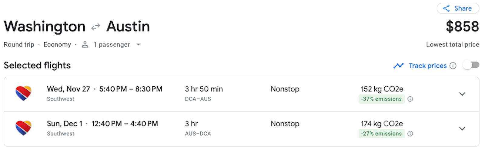 Cost of a Southwest flight from Washington, D.C. to Austin