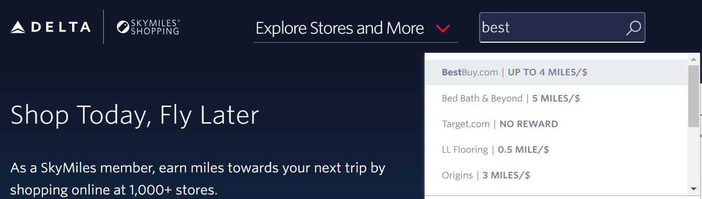 Delta SkyMiles Shopping search