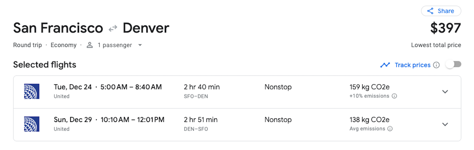 Cost of a roundtrip flight from San Francisco to Denver on United Airlines