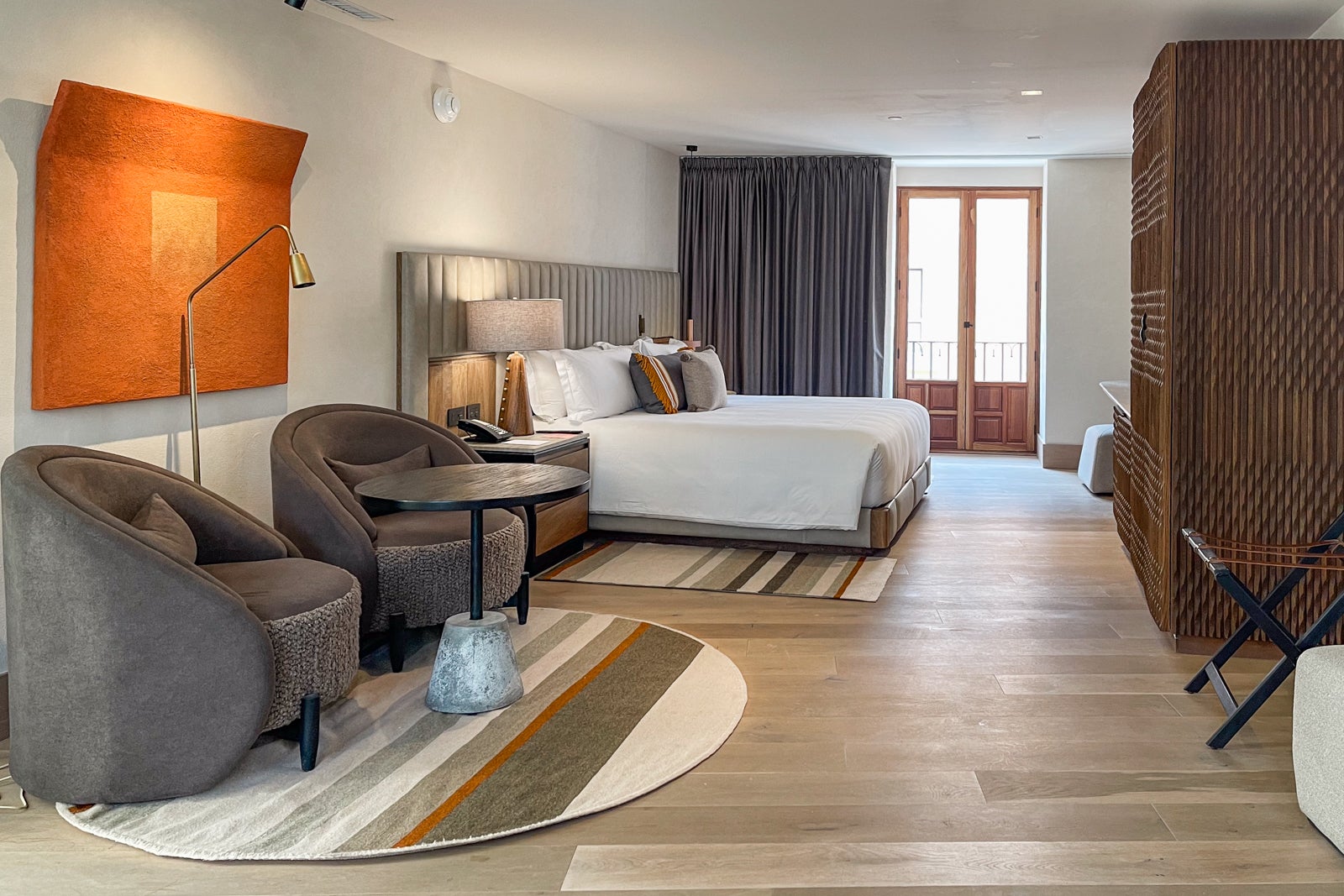 Brown, gray and burned orange make up the color palette of Numu's guest rooms