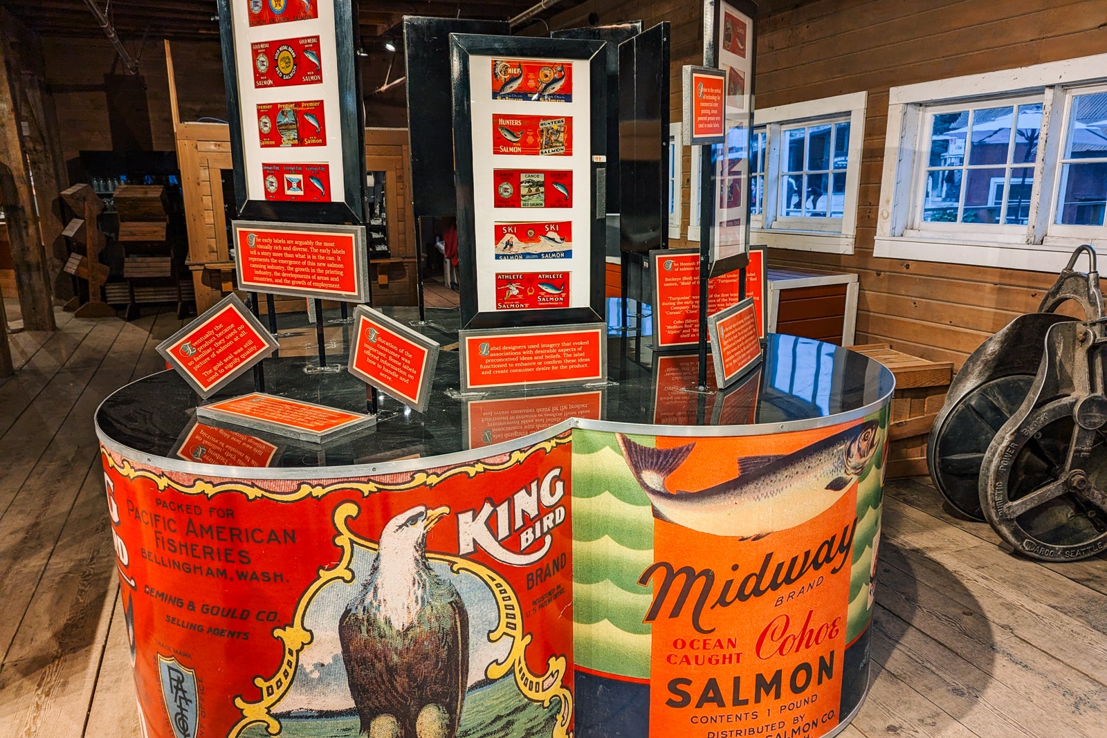 Museum display of labels for canned salmon