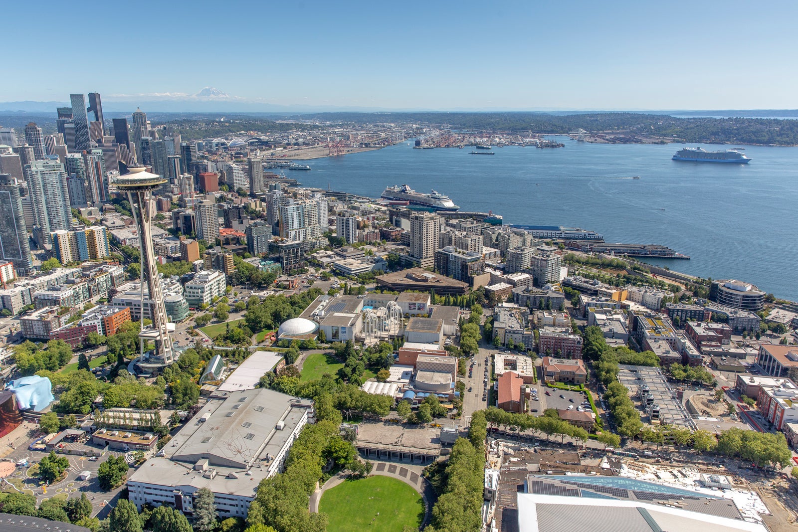 Aerial view of Seattle with cruise port and ship