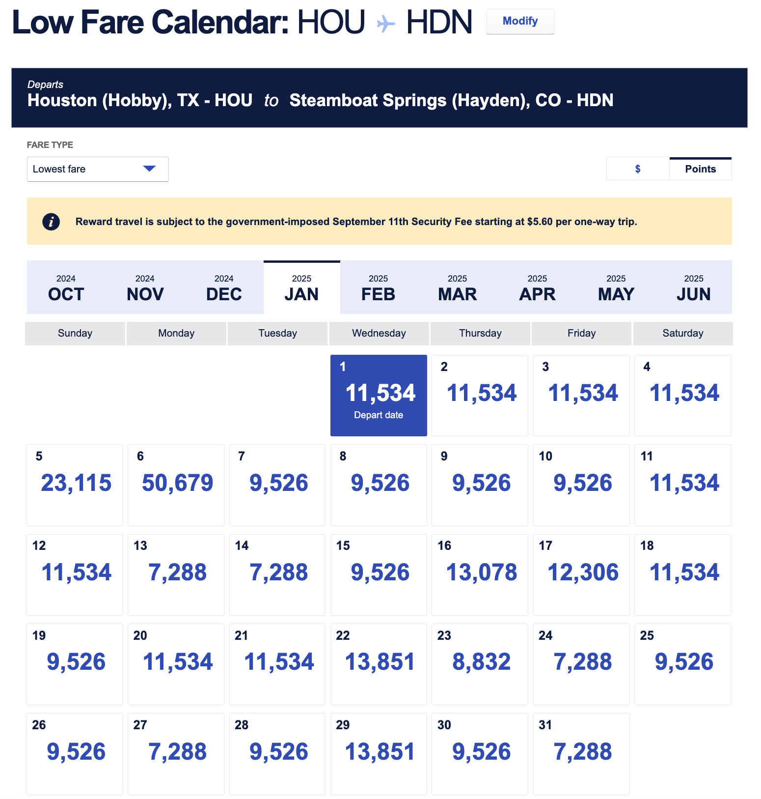 Southwest low fare calendar HOU-HDN January