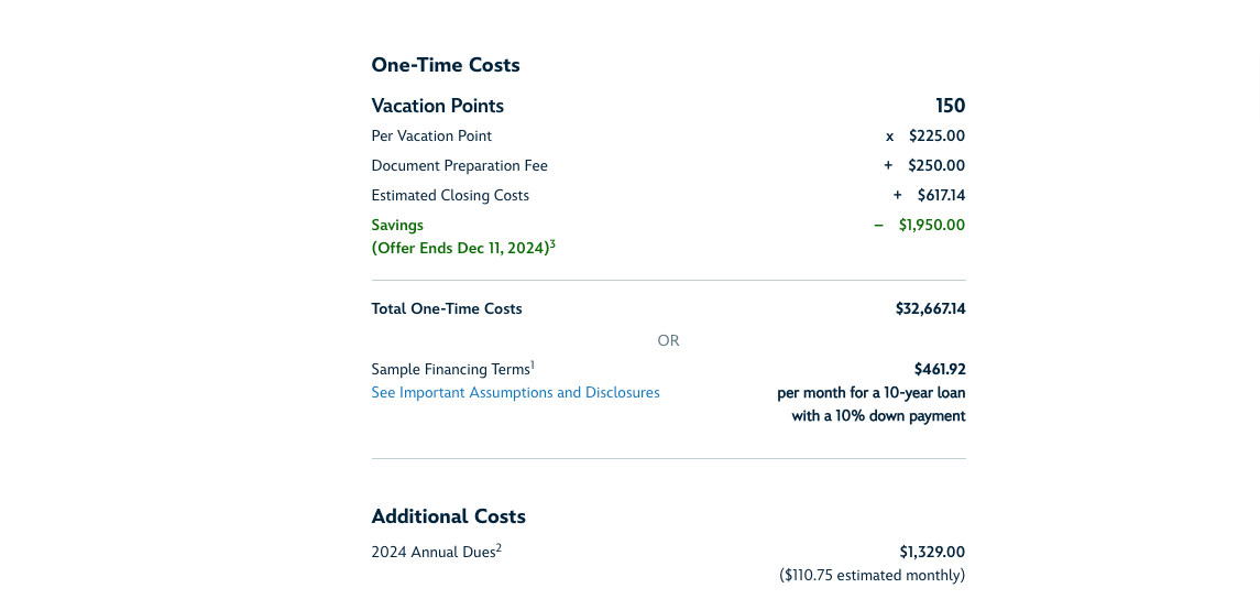 Screenshot of cost of Disney Vacation Club costs